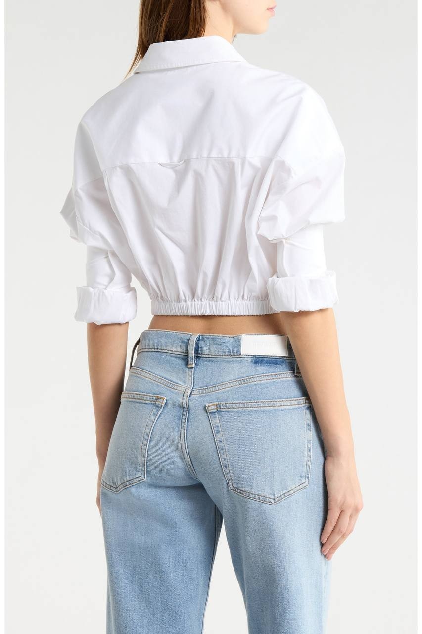 STAUD Lisa Crop Button‑Up Tie Waist Top White L NWOT $275