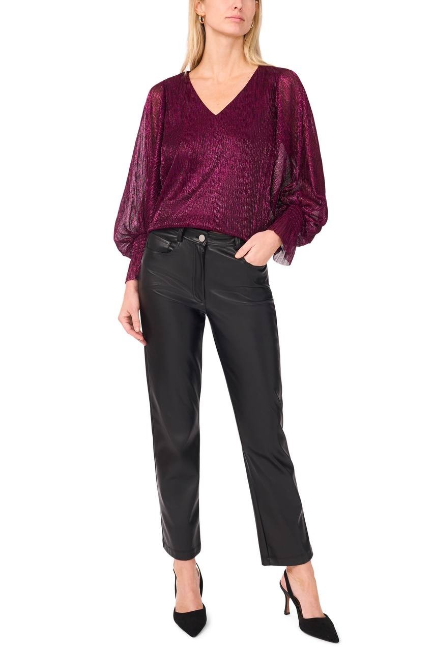 Vince Camuto Metallic Blouson V‑Neck Top Rich Purple L NWT $79