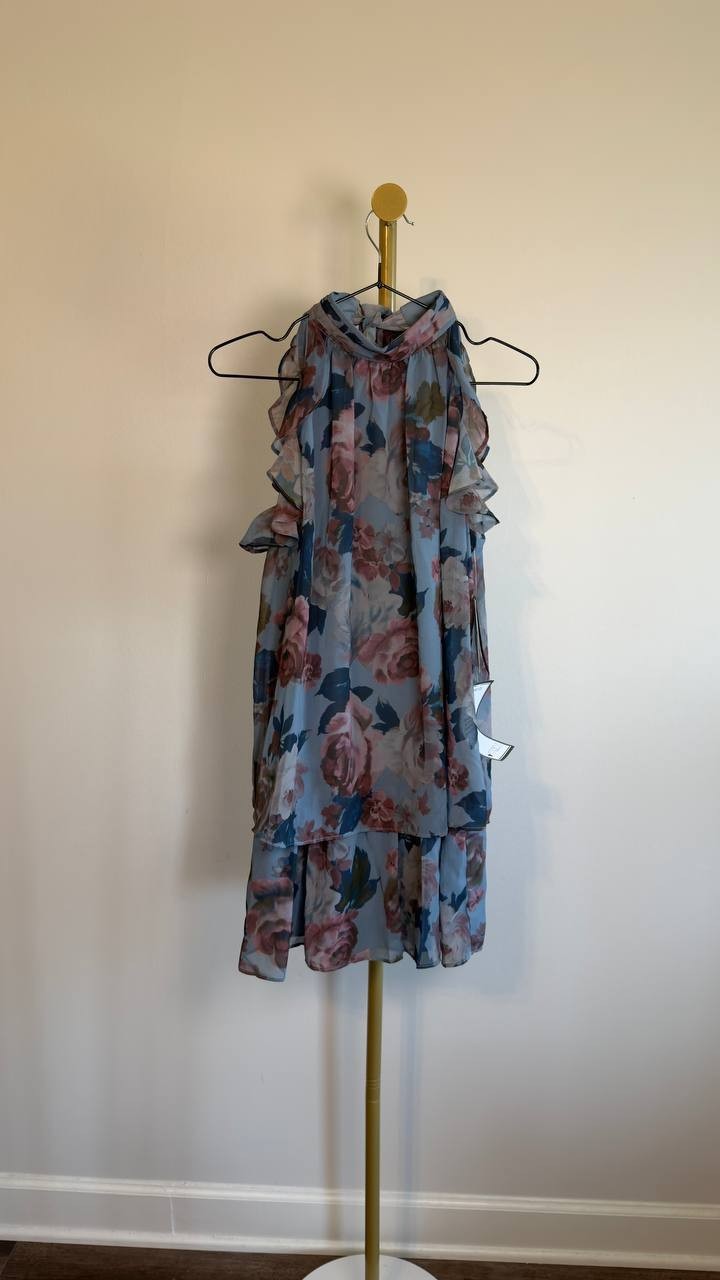 Seni & Cade Printed Mock-Neck Trapeze Dress Blue Multi S NWT $69