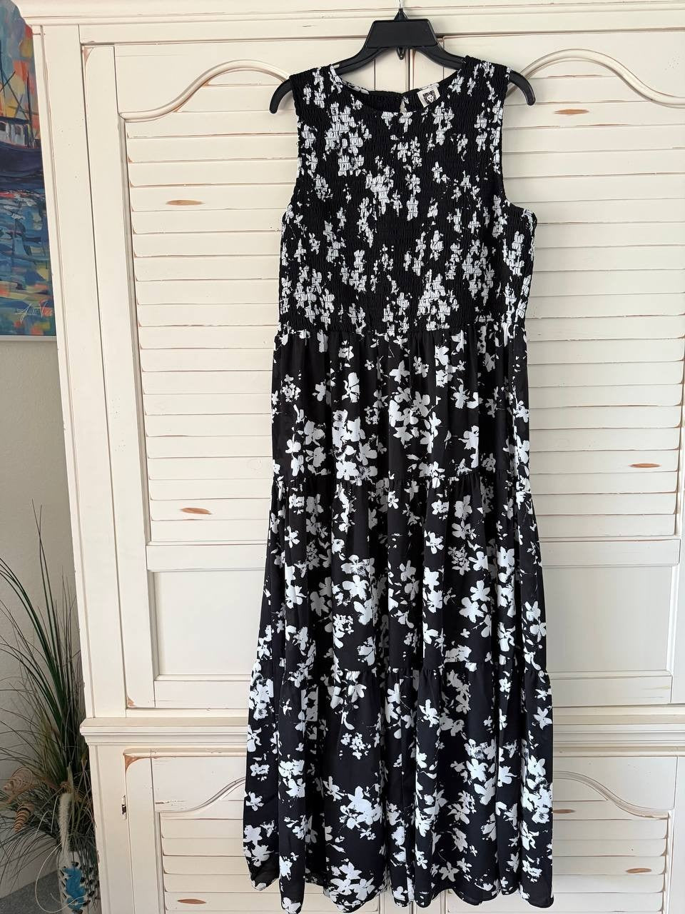 Anne Klein Dress XL Black White Floral Smocked Bodice Sleeveless Maxi NWT
