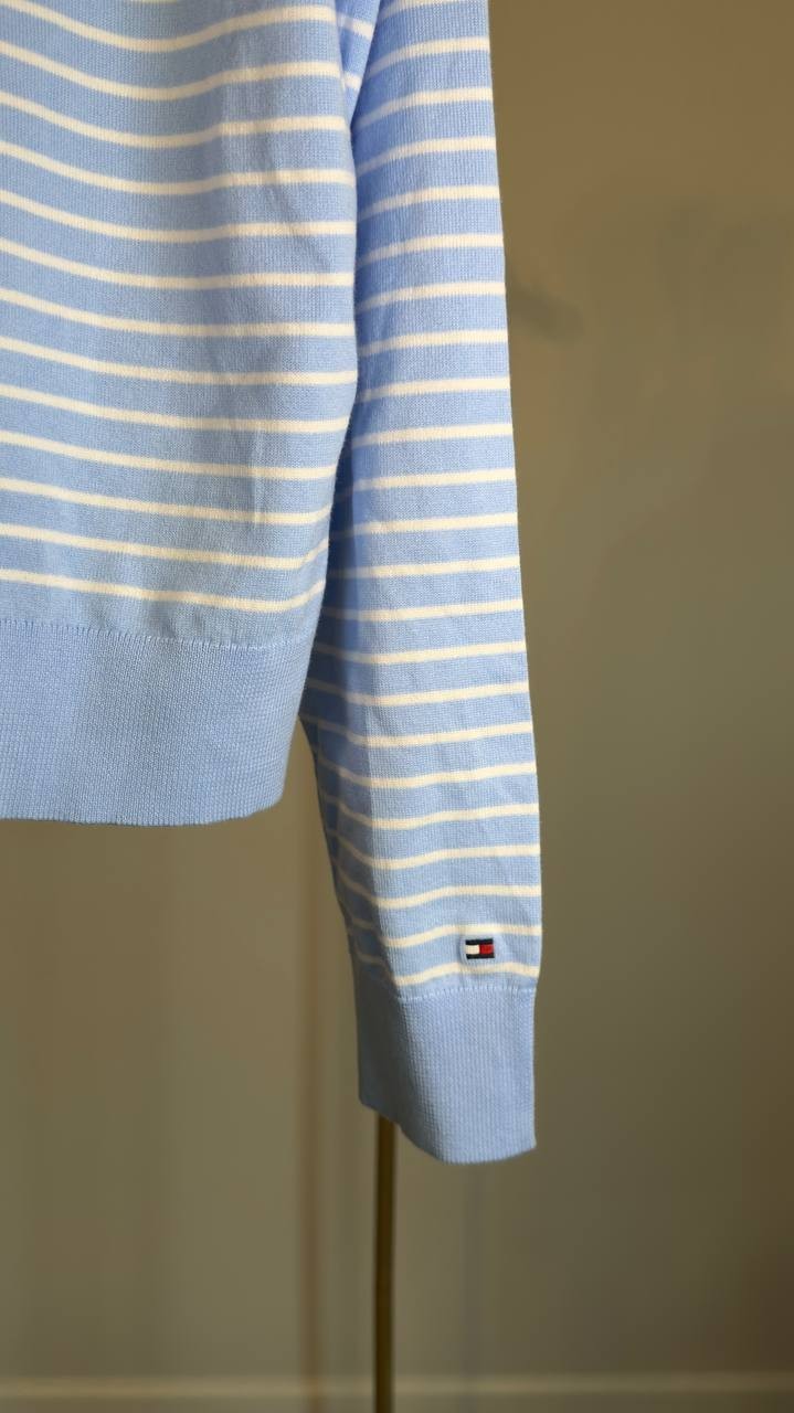 Tommy Hilfiger Crewneck Cardigan Blue/Ecru M NWT $74.50