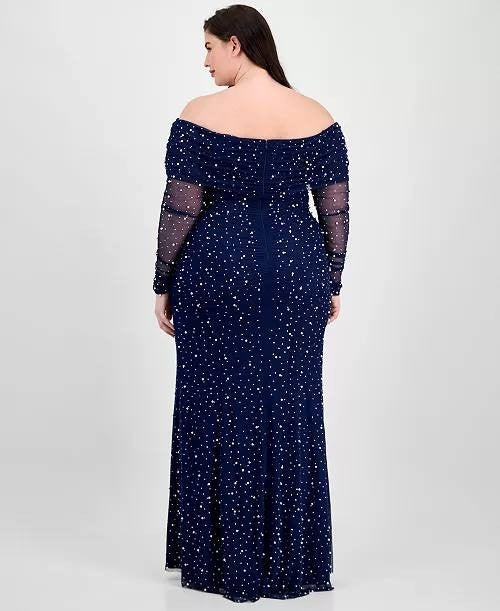B Darlin Plus Off‑Shoulder Pearl Gown Navy 16W NWT $119