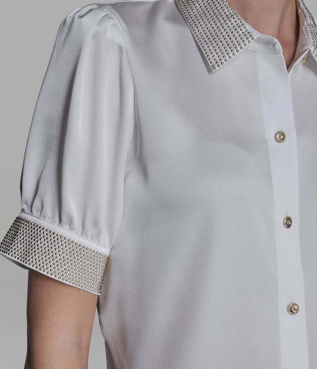 Karl Lagerfeld Paris Beaded Satin Stud Blouse Soft White M NWT $109