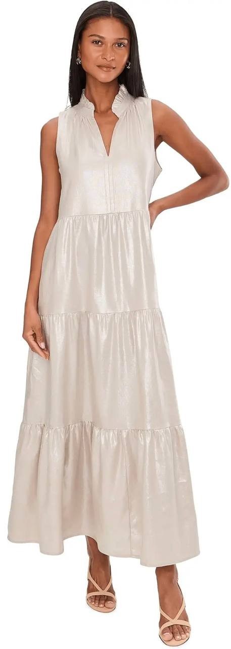Vince Camuto Tiered Ruffle Maxi Dress Smocked Waist Neutral XL NWT $129