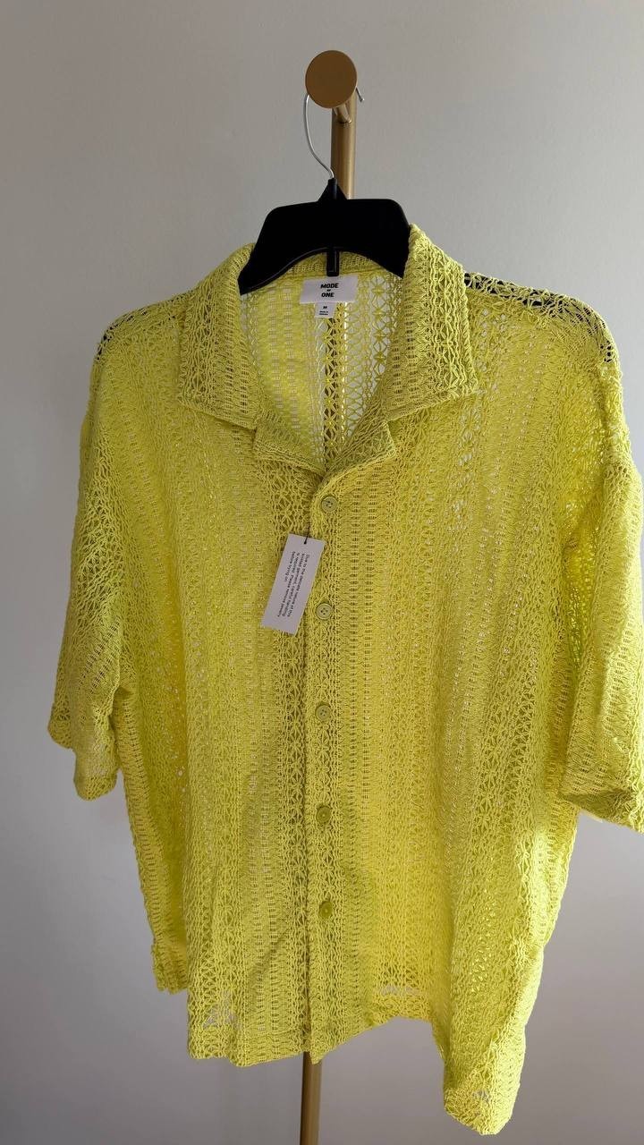 Mode of One Men’s Textured Crochet Button‑Down Camp Shirt Misty M $49.00 NWT