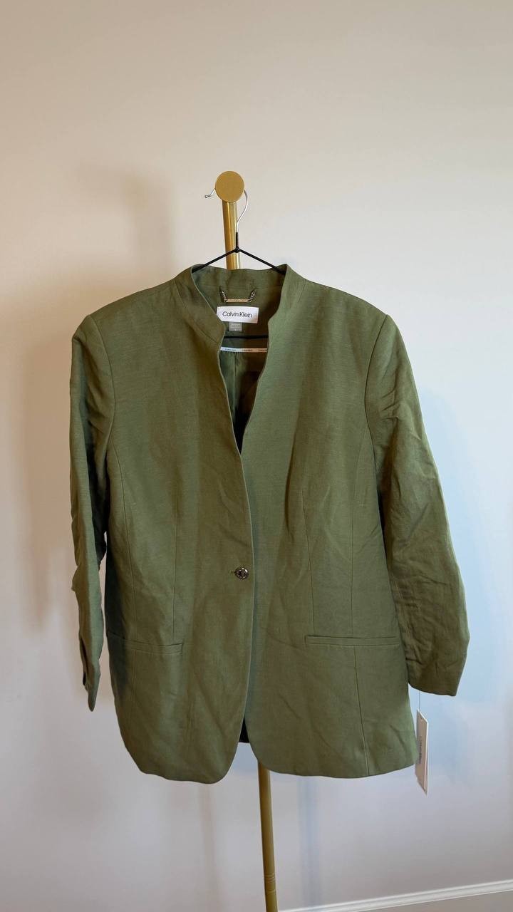 Calvin Klein Women’s Green Petite Linen-Blend 3/4-Sleeve One-Button Blazer Size