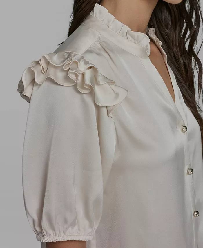 Karl  Lagerfeld  Paris  Women’s  Ruffle‑Shoulder   Blouse  Bisque  L  NWT  $99