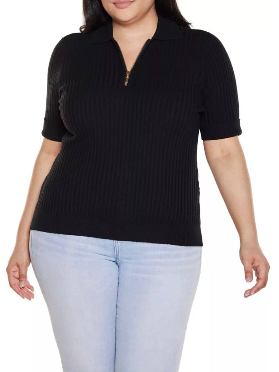 Belldini Plus Collared Quarter‑Zip Ribbed‑Knit Sweater Black 2X NWT $59