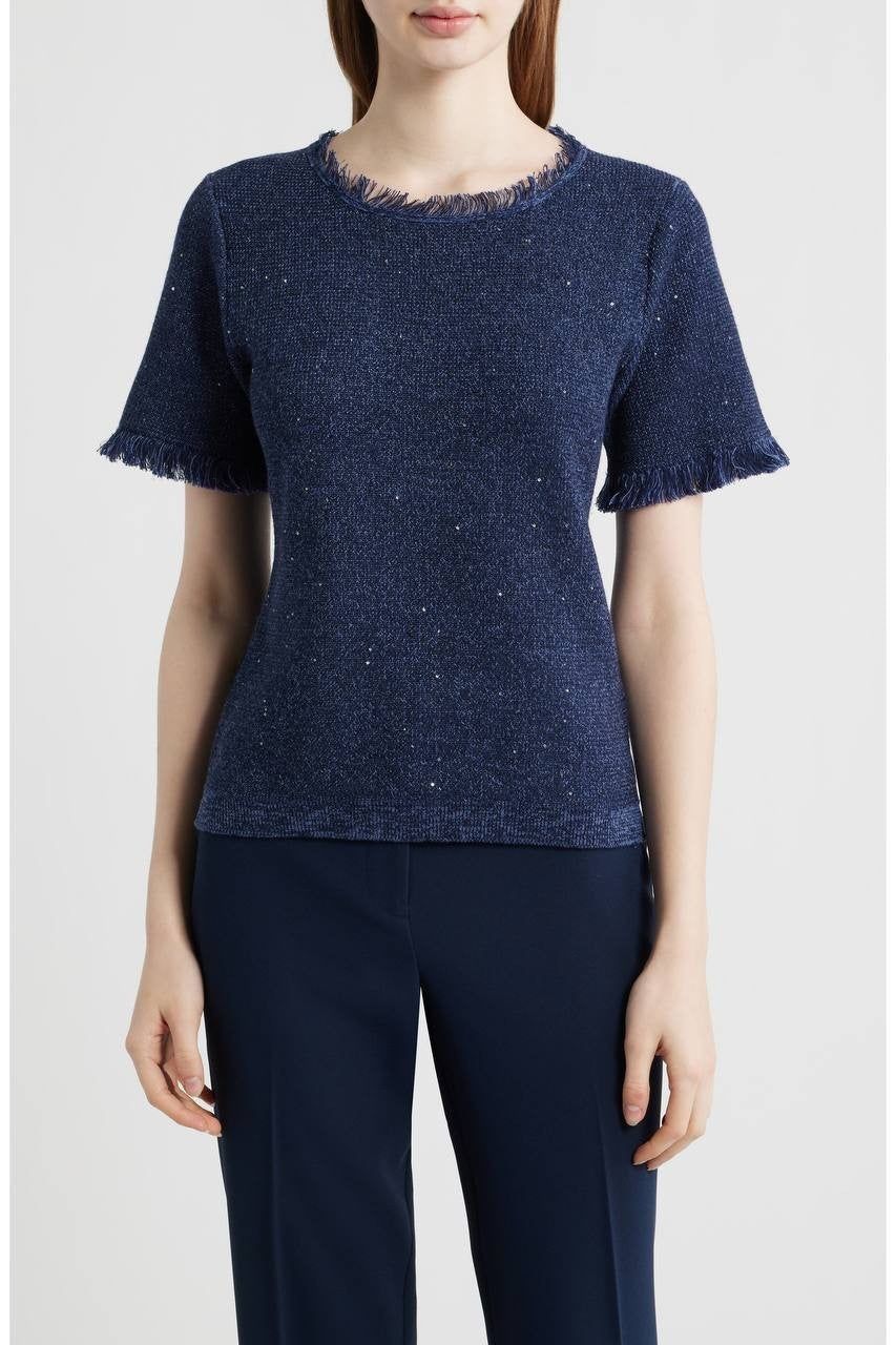 Kobi Halperin Kate Fringe Short Sleeve Sweater Navy XL NWT $298
