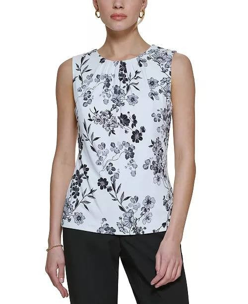 Calvin Klein Printed Pleat Neck Blouse Multi Keyhole Back SizeXL NWOT needs wash