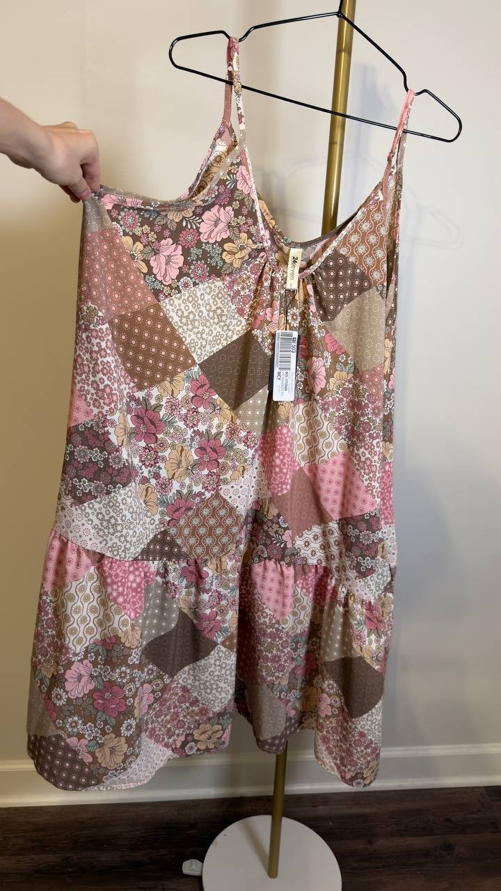 24Seven Comfort Apparel Patchwork Spaghetti Strap Dress Pink Multi 2X NWT $60