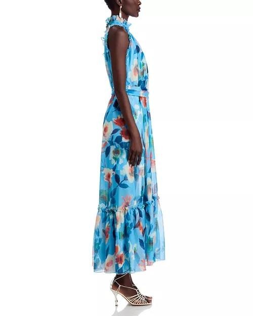 Nancy Yang Floral Maxi Dress Blue Multi Size M NWT Ruffled Skirt Summer Event