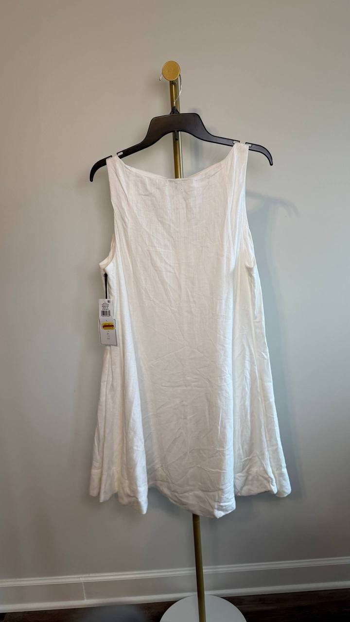 1.STATE Scoop‑Neck Full‑Circle Linen‑Blend Mini Dress White L NWT $99