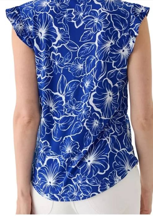 AK Anne Klein Blue Floral Blouse Short Sleeve V-Neck Ruffled Cap Size L