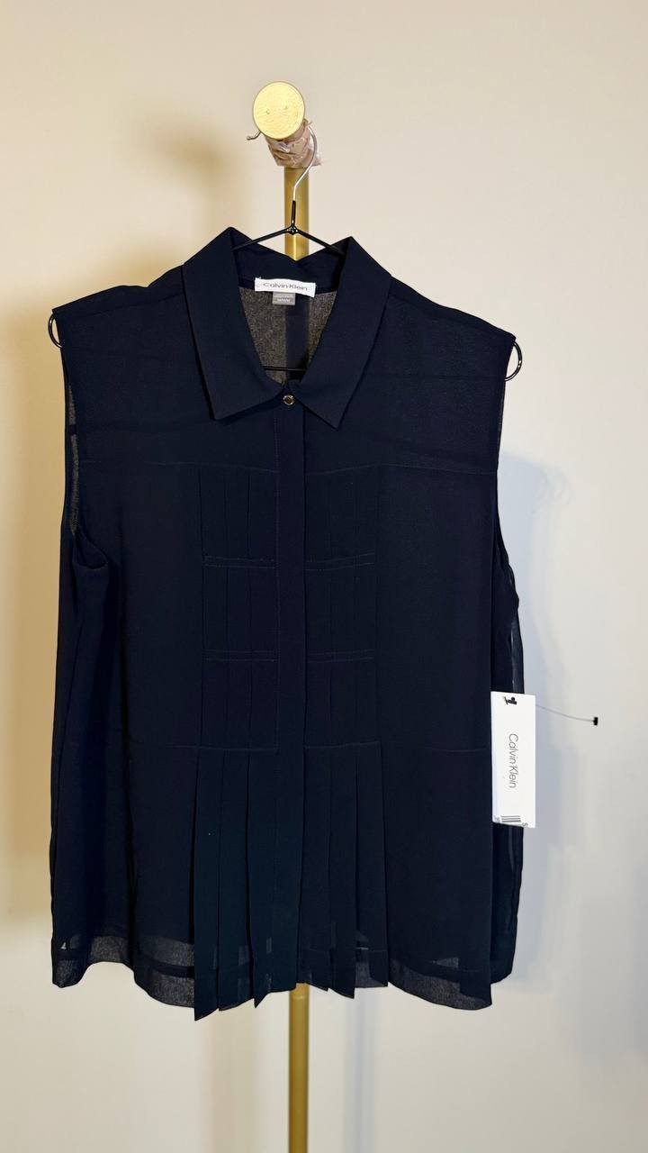 Calvin Klein Women’s Sleeveless Pleated Front Collared Blouse Navy M NWT $89