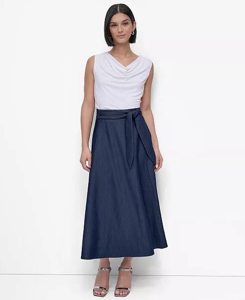 DKNY Maxi Skirt 14 Navy A-Line Tie Belt Waist Flowy Silhouette NWT $108