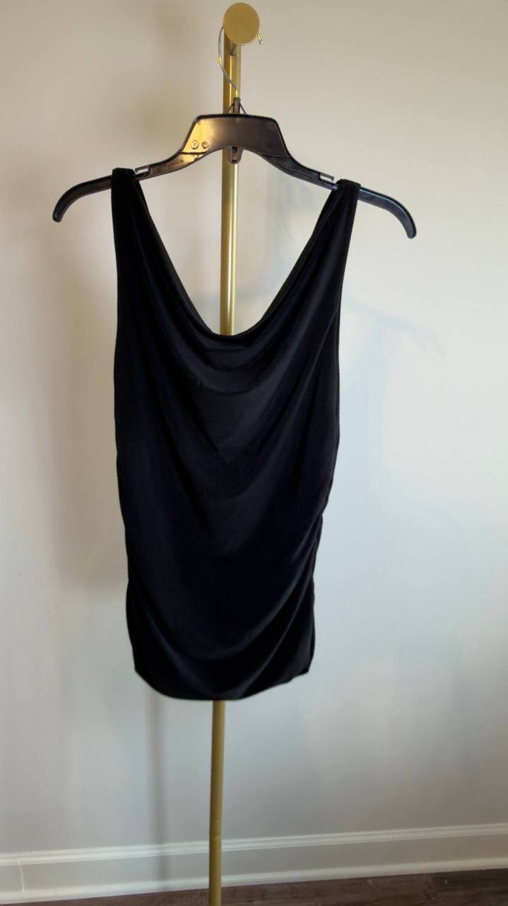 Anne Klein Ruched Draped‑Neck Textured Crepe Knit Top Black S NWT $69