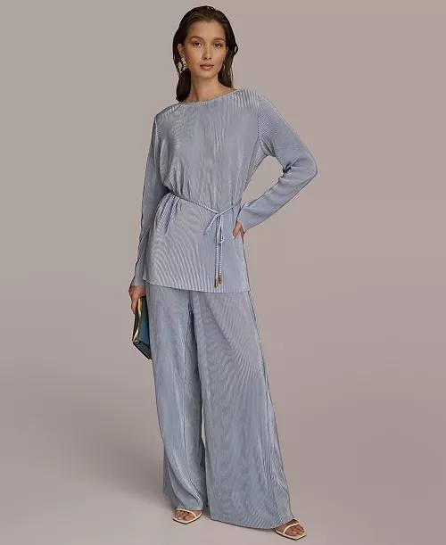 Donna Karan NY Plissé Tie‑Waist Blouse Glacial Blue XL NWT $79