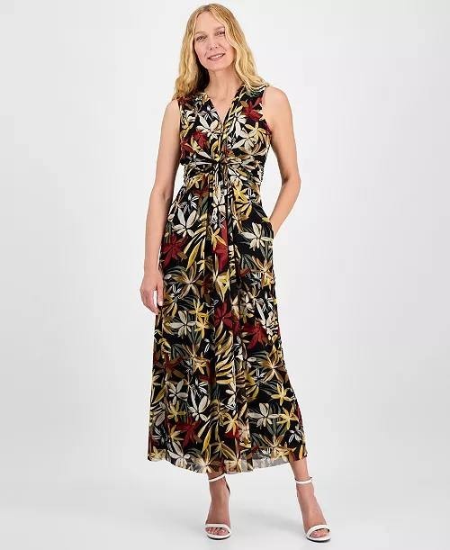 Anne Klein Printed Twist‑Front Maxi Dress Floral Multi XXS NWT $119