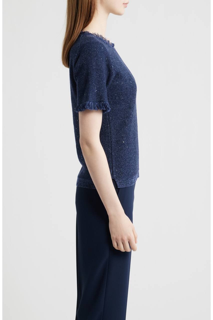 Kobi Halperin Kate Fringe Short Sleeve Sweater Navy XL NWT $298
