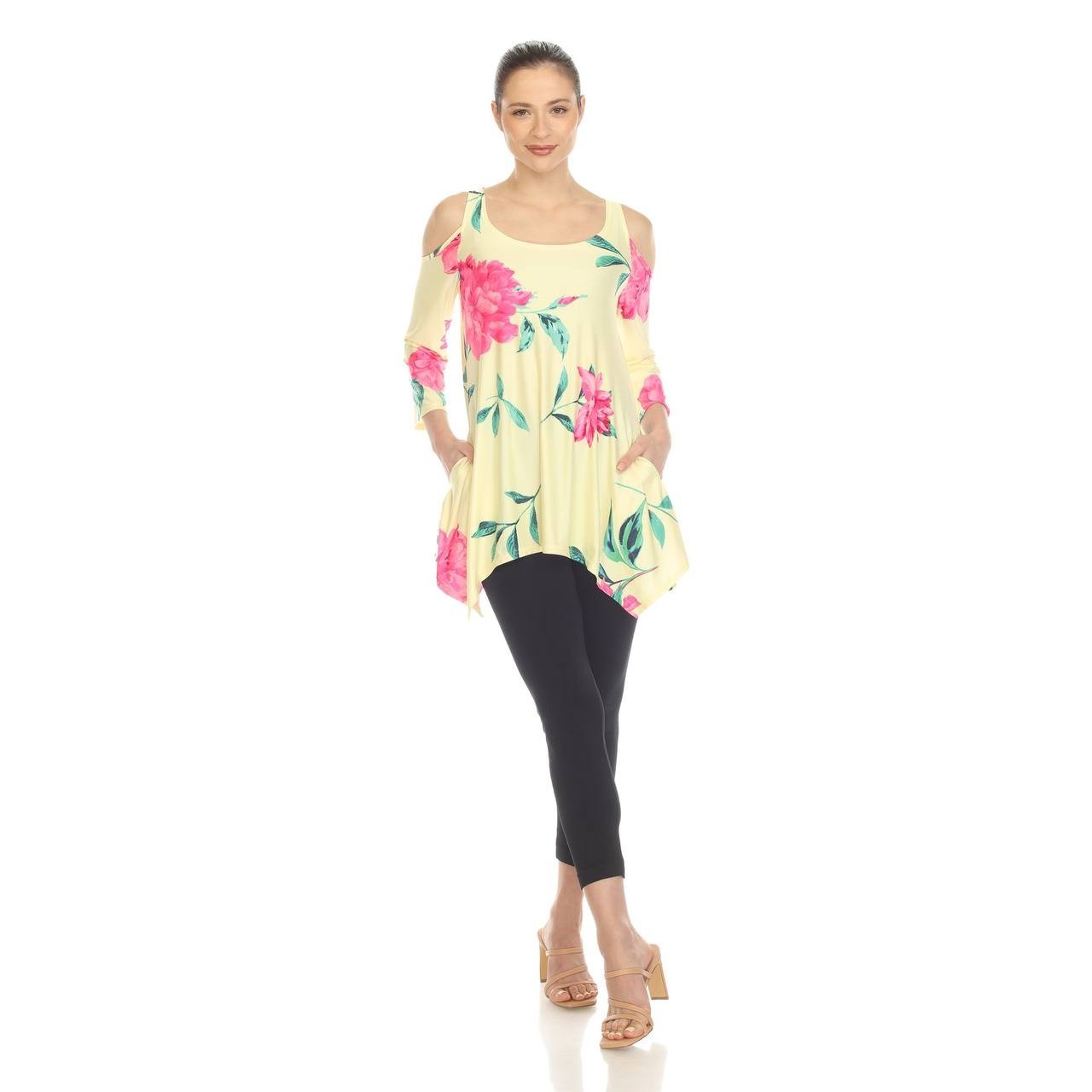 White Mark Women’s Floral Printed Cold Shoulder Tunic Yellow Pink XL NWT $68