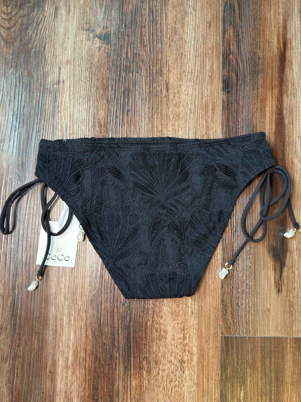 CeCe Solid Textured Tie Side Mid Rise Swim Bottoms Black XS NWT $54