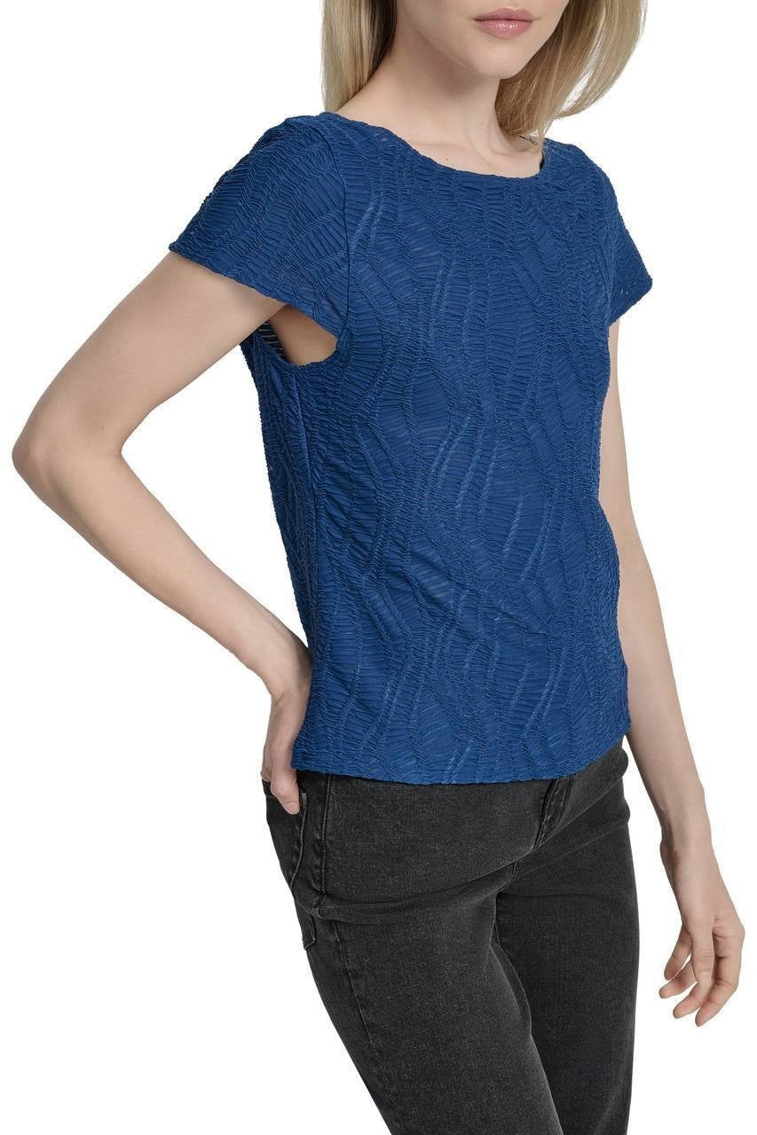 DKNY Texture Knit Top Cadet Blue L NWT $69