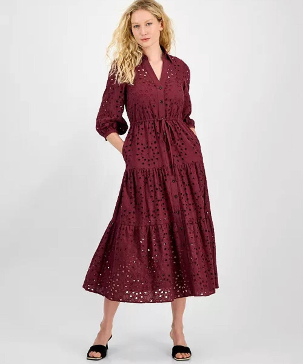 Julia Jordan Women’s Eyelet Tie‑Waist 3/4‑Sleeve Midi Dress – Wine – Size 4  NWT