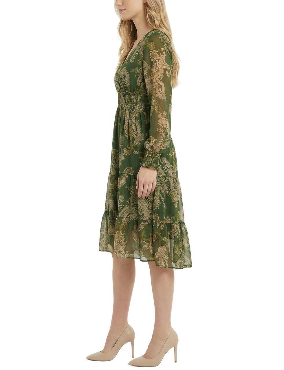 NY Collection Chiffon Dress Smocked Waist & Cuffs Green Paisley S NWT $44