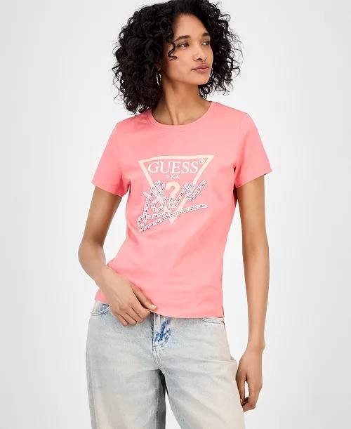 GUESS Embellished Love Triangle Tee Revival Rose Cotton Crew Neck S NWT