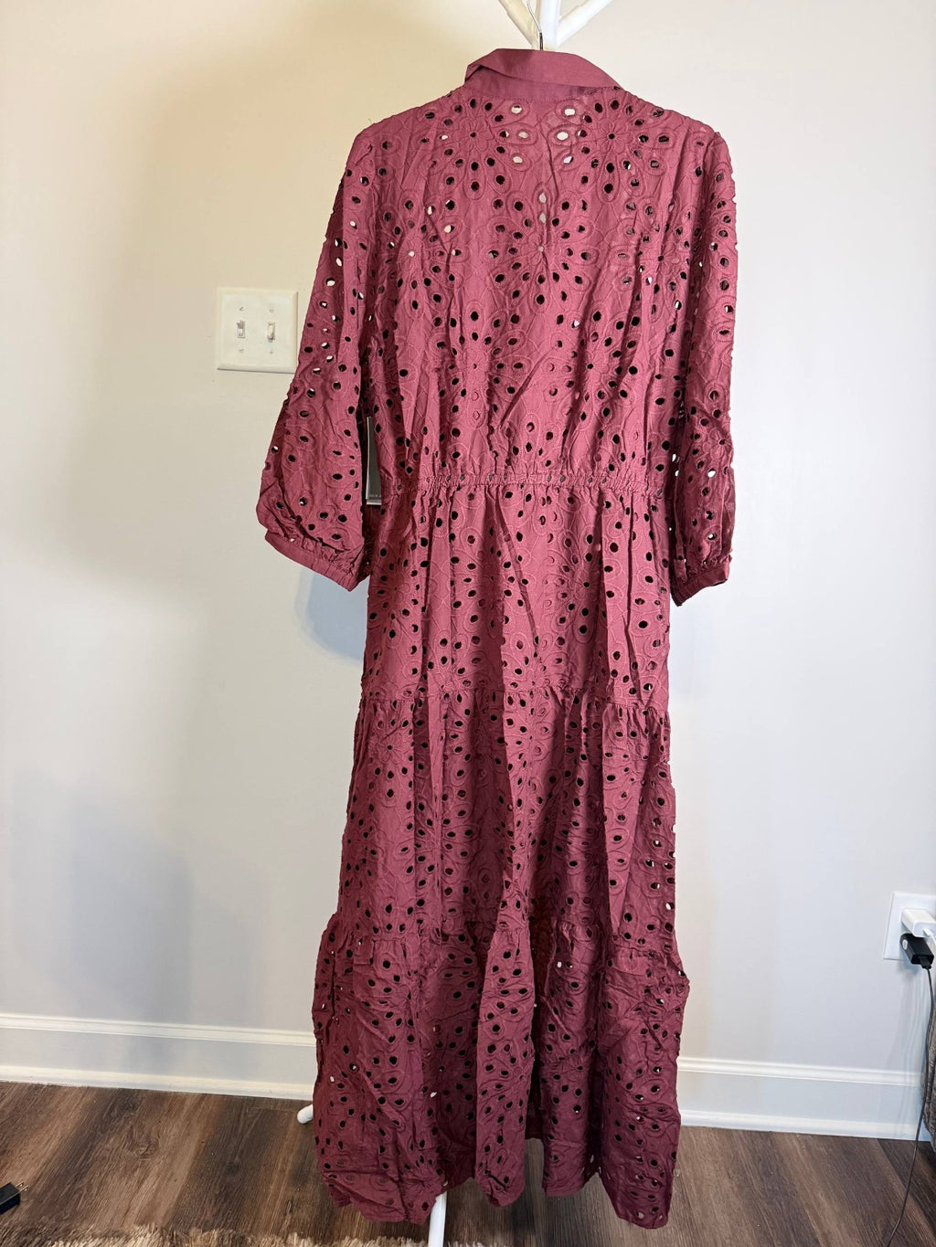 Julia Jordan Women’s Eyelet Tie‑Waist 3/4‑Sleeve Midi Dress – Wine – Size 6  NWT