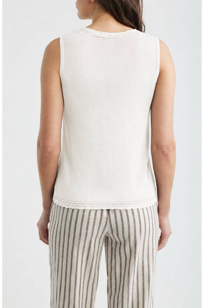 Anne Klein Scallop Trim Sleeveless Sweater White Dove S NWT $69