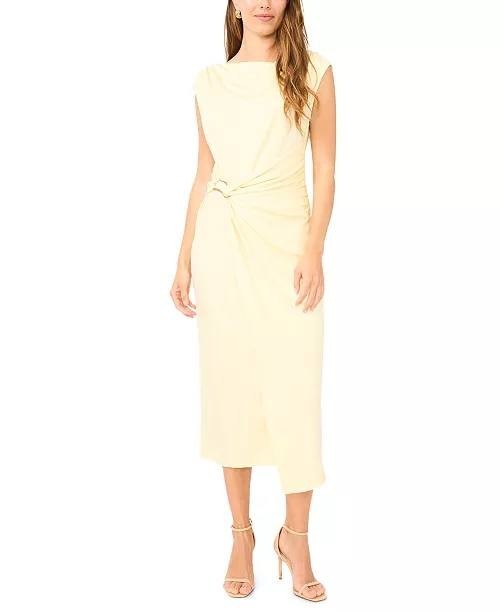MSK Sleeveless Boat Neck Ponte Knot Wrap Midi Dress Pastel Yellow M NWT $89
