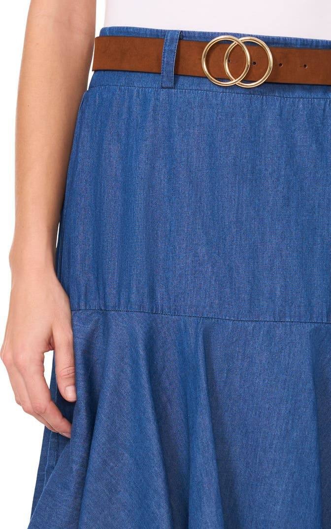 CeCe Tiered Denim Midi Skirt – Mid Indigo – Size 6 – 100% Cotton – NWT – MSRP$99
