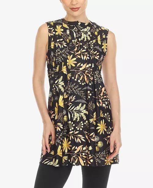 White Mark Floral Sleeveless Tunic Top Pin-Tuck Pleated Black L NWT $52