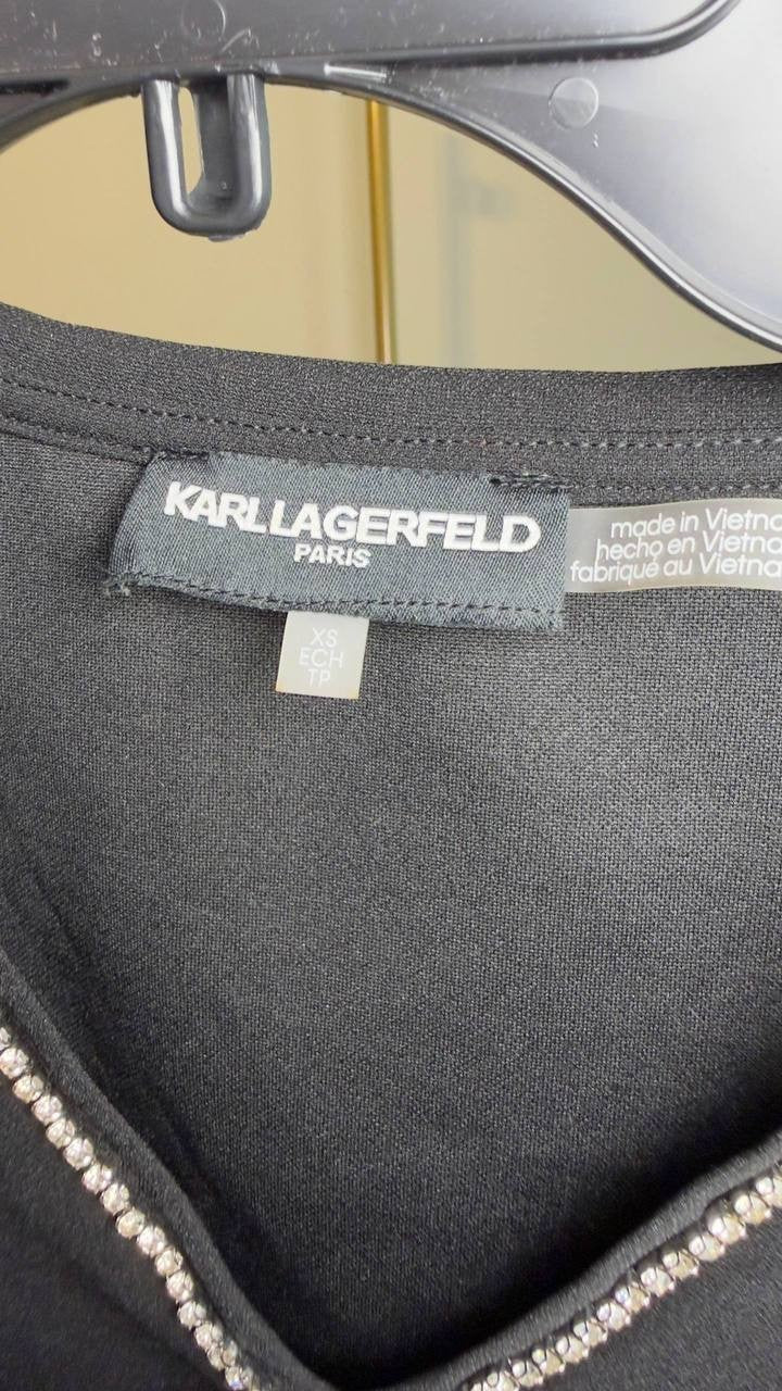 Karl Lagerfeld Paris Sparkle‑Bow V‑Neck Knit Top Black XS NWT $89