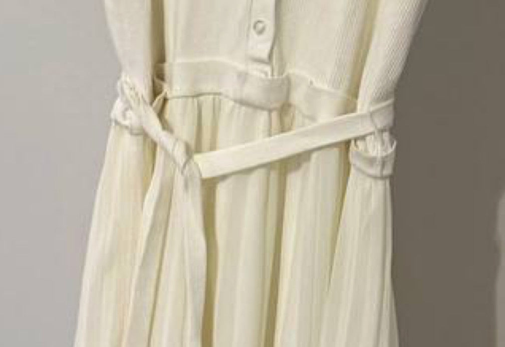 Ellen Tracy Ivory Sleeveless Pleated Dress Size L with Belt Good Pre-Owned