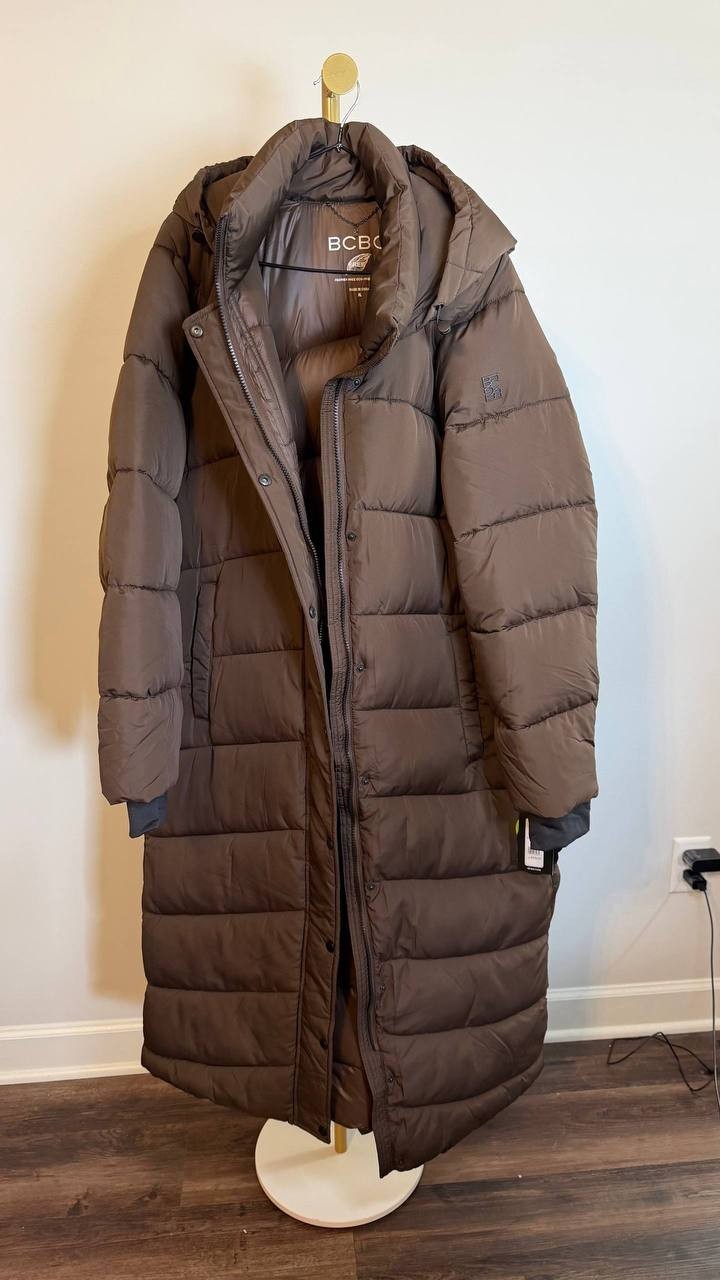 BCBG Hooded Water-Resistant Maxi Puffer Coat Chocolate Size XL NWT $350