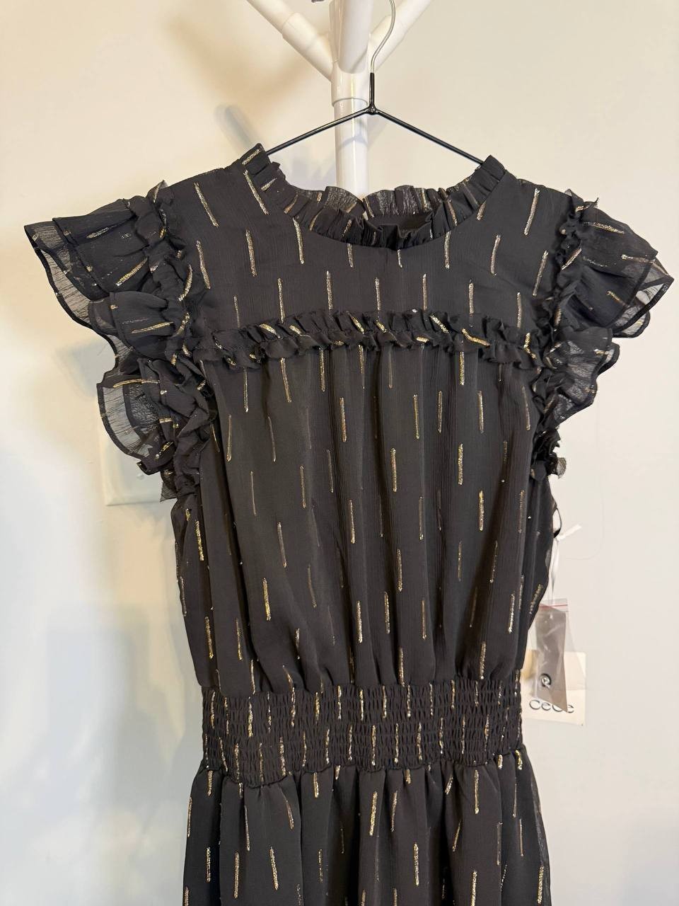 CeCe Metallic‑Print Ruffled Smocked‑Waist Midi Dress – Size S – NWT – $129