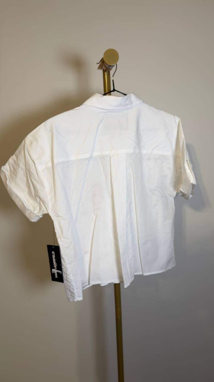 Karl Lagerfeld Paris Cropped City Scene Collared Top White S NWT $109