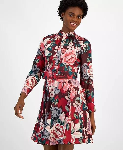 Tahari ASL Women's Red Floral Mock Neck Long Sleeve Belted Dress Size 12