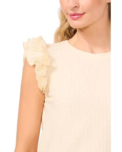 CeCe Sleeveless Ruffle Shoulder Textured Top – White – Size L – NWT