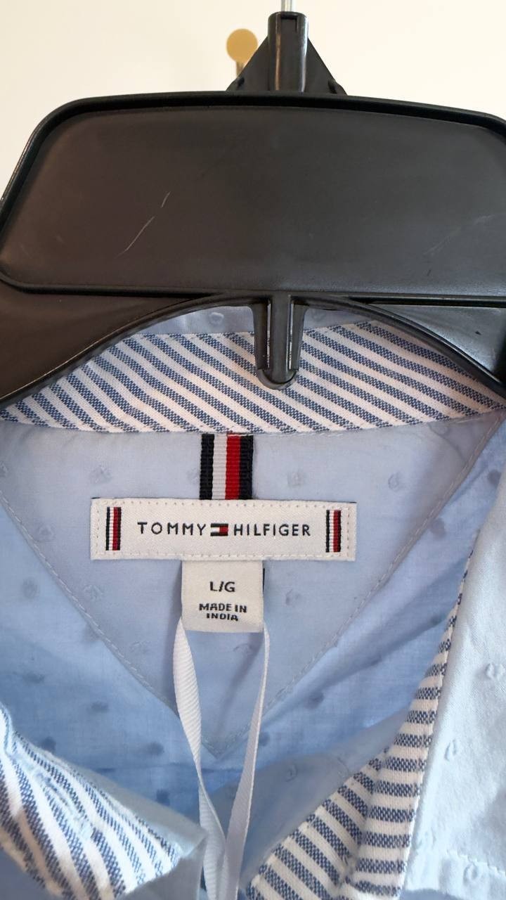 Tommy Hilfiger Women’s Clip Dot Roll‑Tab Collared Shirt Light Blue L NWT $74.50
