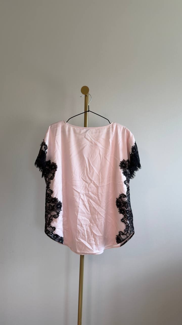 Anne Klein Lace‑Trim Satin Short‑Sleeve Top Soft Blossom L NWT $79