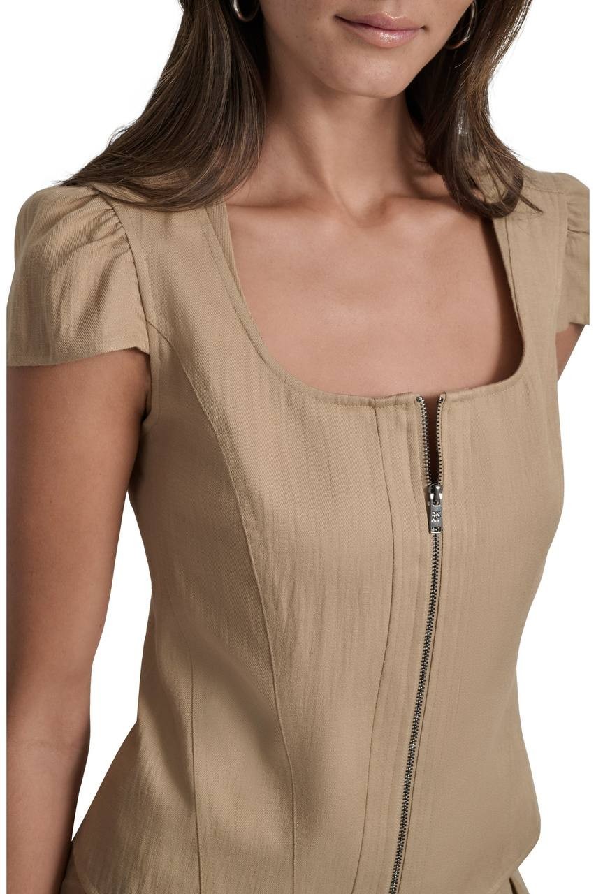 DKNY Cap Sleeve Zip Front Twill Shirt Travertine L NWT $99