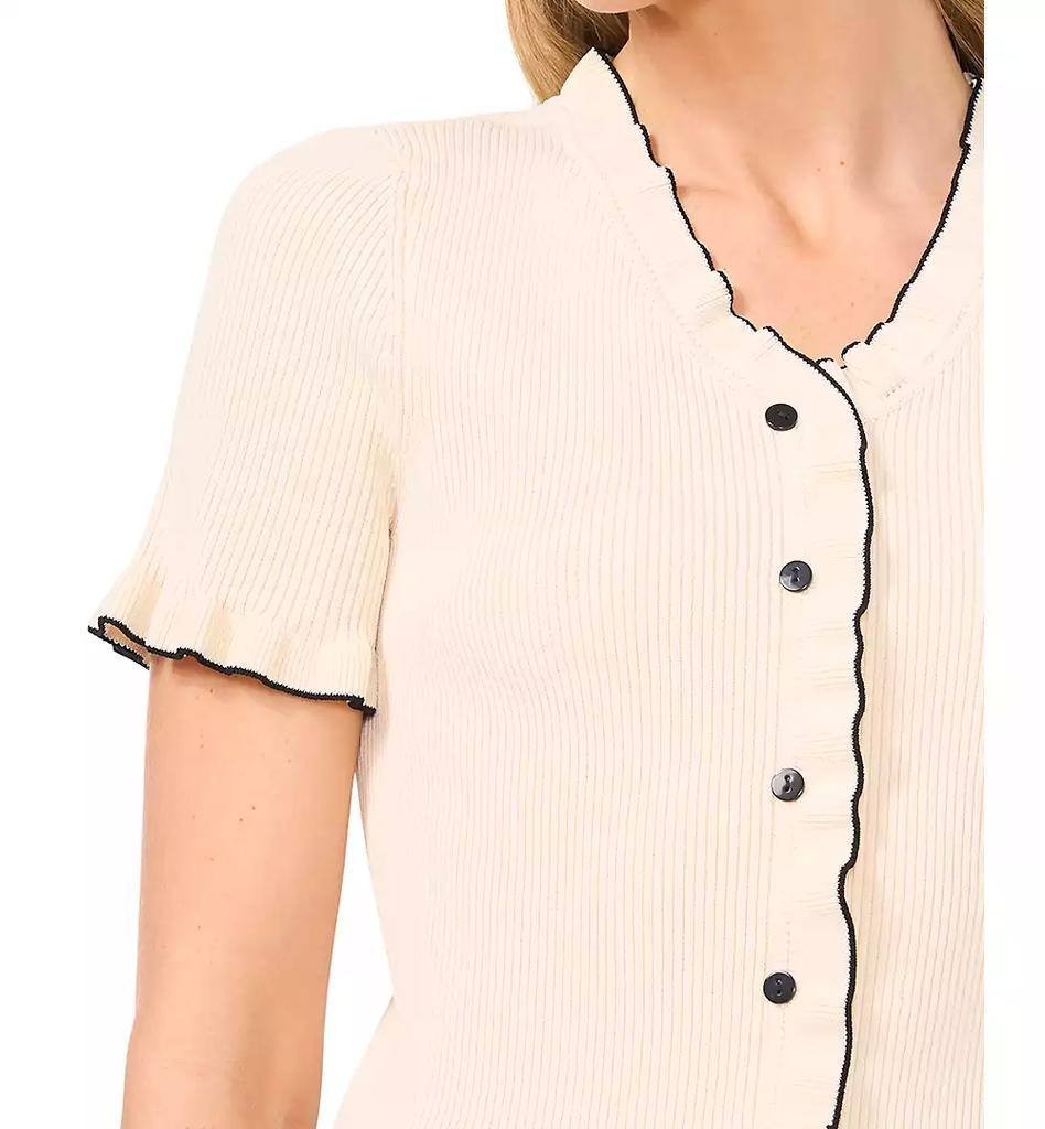 CeCe Women’s XL Contrast-Trim Ruffled Short-Sleeve Cardigan Eggnog NWT