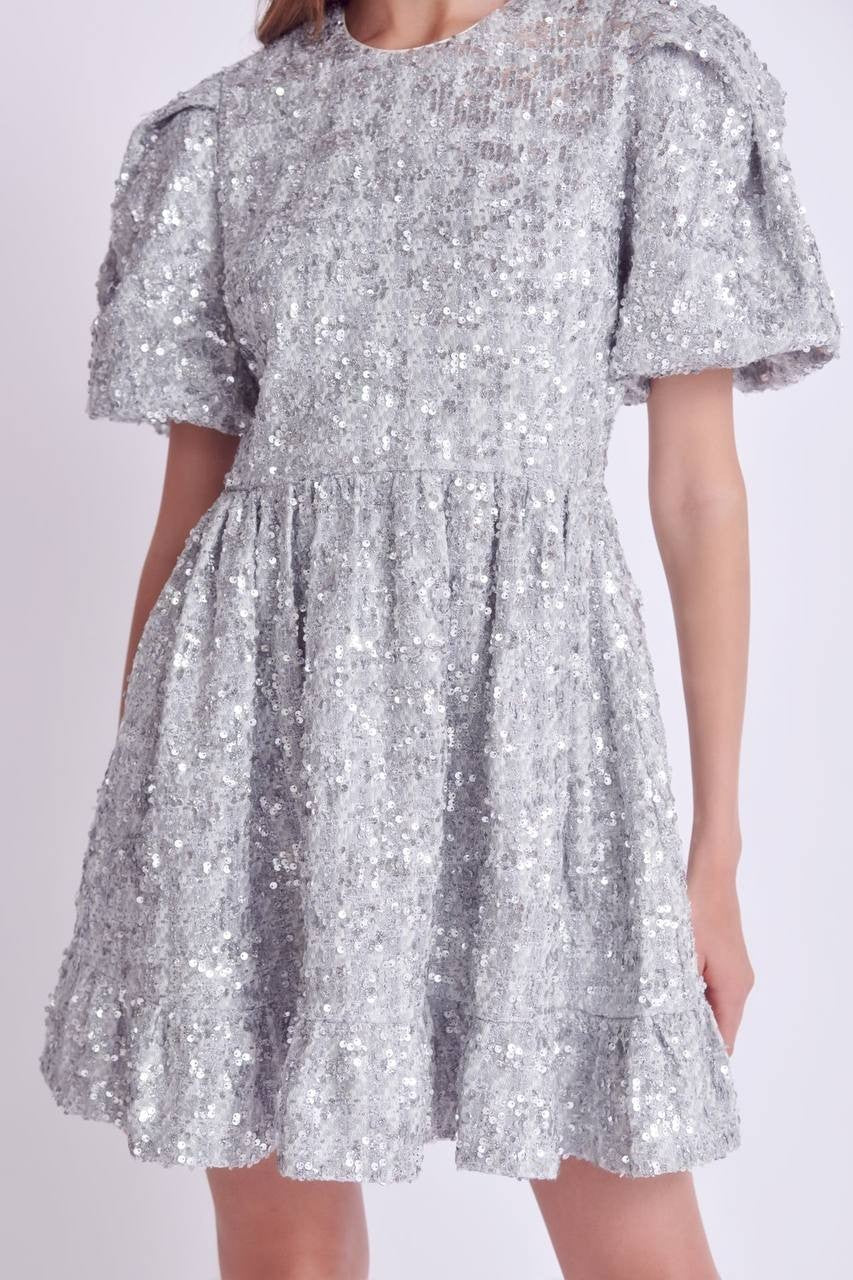 Sequin Tweed Tiered Mini Dress Silver Size M New No Tags – Party Chic