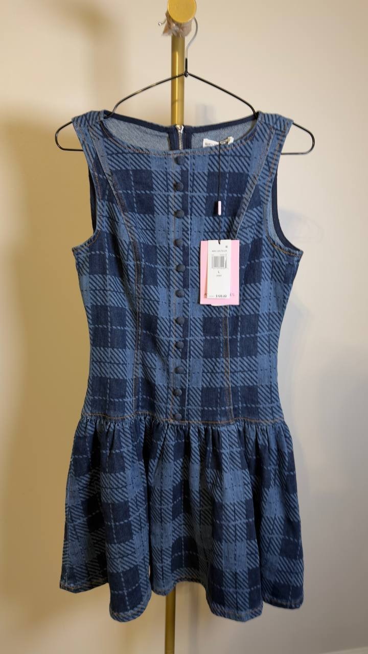 Avec Les Filles Plaid Drop Waist Denim Dress Blue Multi L NWT $108