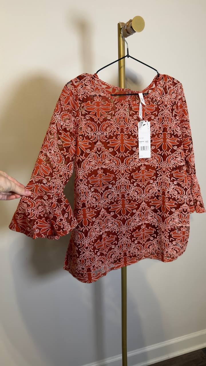 NY Collection Bell Sleeve Lace Blouse & Solid Camisole Red L NWT $44