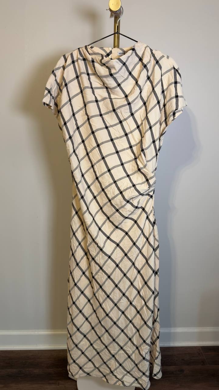 Mango Women’s Draped Neckline Checked Dress Beige XL NWT $100